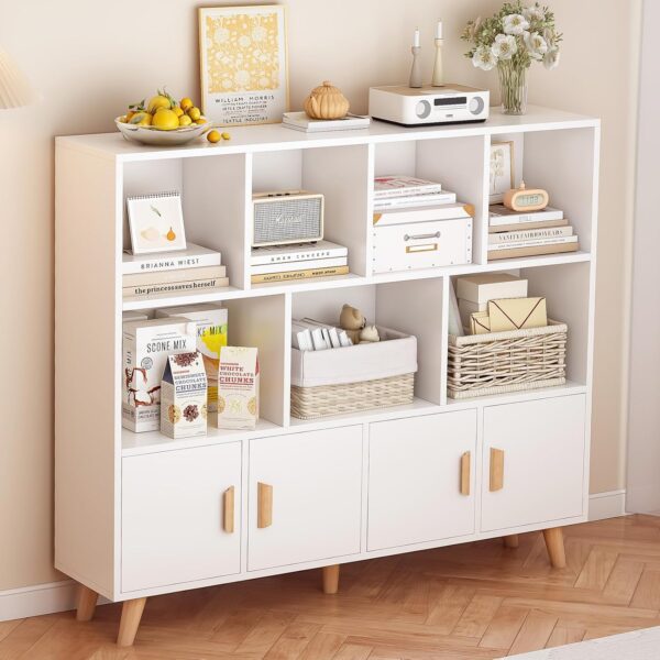 11-Cube Wooden Bookcase with Doors – 3-Tier Storage Shelf, Warm White
