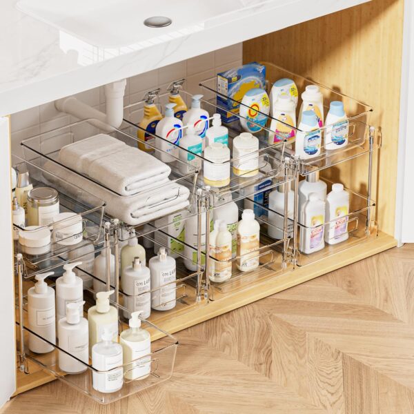 4 Pack 2-Tier Clear Bathroom Organizers – Pull-Out Under Sink & Cabinet Storage Bins