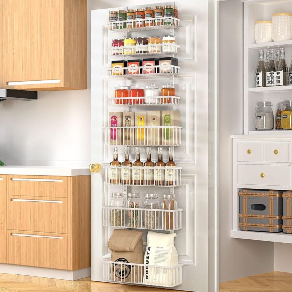 White Over the Door Pantry Organizer – Metal Spice Rack Shelves for Kitchen & Laundry Room
