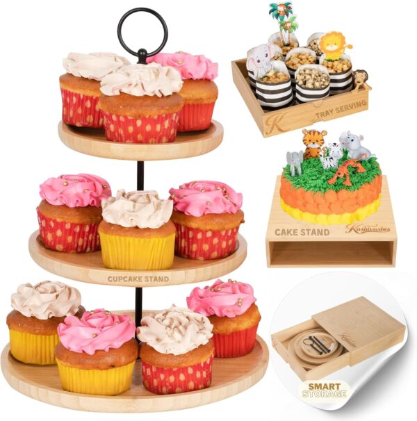 3-Tier Bamboo Cupcake Stand – Tiered Dessert Table Display & Serving Tray