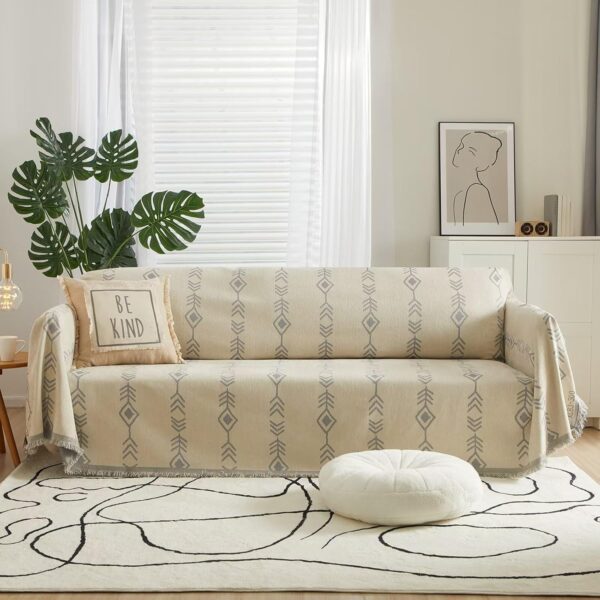 Chenille Boho Sofa Cover – Washable Sectional Couch Protector for 2-Cushion Loveseat (Beige Gray, 71" x 118")