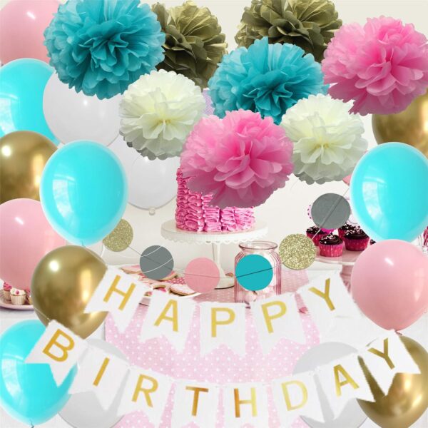Happy Birthday Decorations for Girls – Pink, Teal & Gold Party Decor Kit for Kids & Teens
