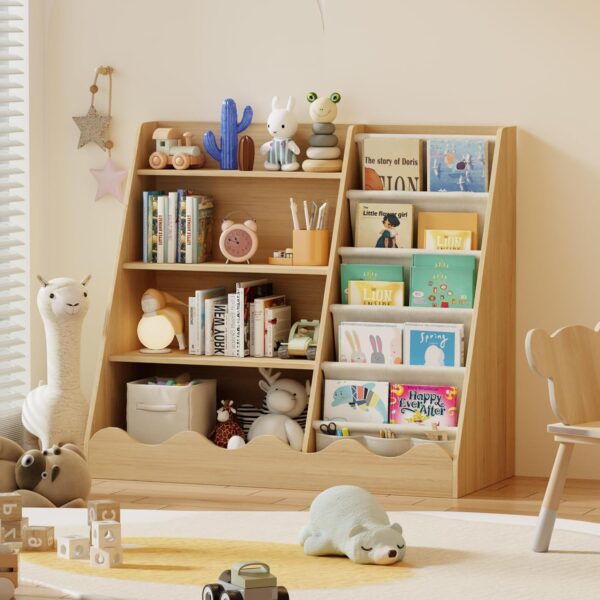 "Kids Bookshelf & Toy Storage Cabinet – 4-Tier Wooden Bookcase for Nursery & Playroom"