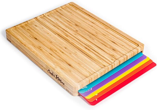 Bamboo Cutting Board Set – Includes 6 Color-Coded Plastic Boards with Food Icons for Easy Organization