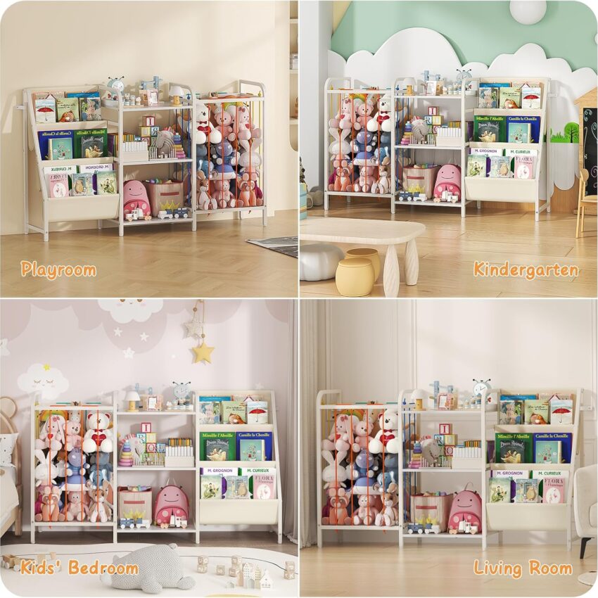 "B1 Kids Bookshelf & Toy Storage – 3-Tier Sling Bookcase for Nursery & Playroom, White"