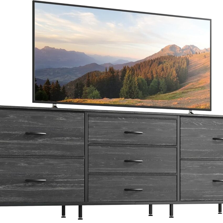 63" Dresser/TV Stand with 7 Drawers – Charcoal Black Wood Grain