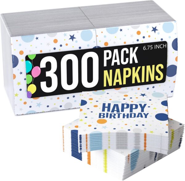 300 PCS Happy Birthday Disposable Napkins – 2-Ply Colored Paper Napkins for Parties, Lunch & Table Décor