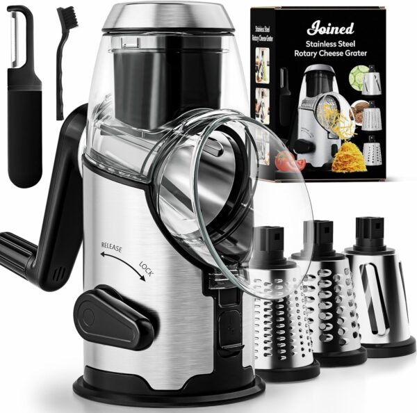 Rotary Cheese Grater with Handle – 3-Blade Mandoline Slicer & Vegetable Grinder with Peeler