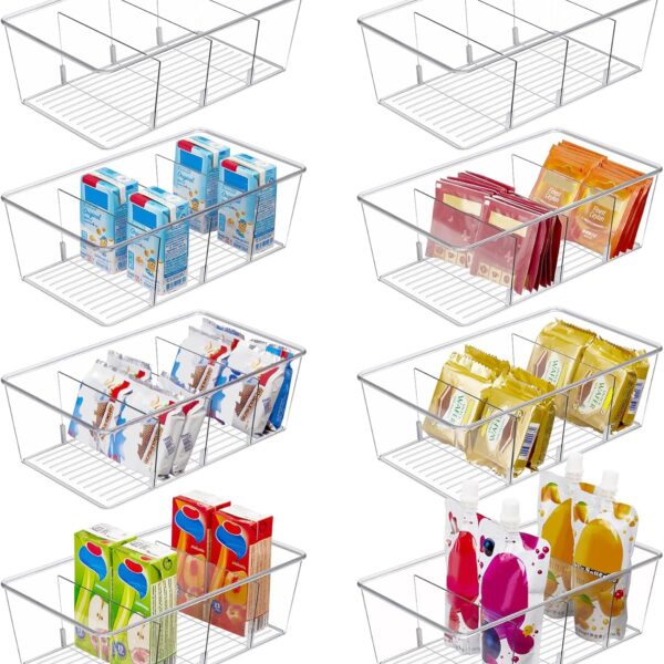 8 Pack Clear Food Storage Bins – 4-Compartment Organizers for Pantry, Fridge, Cabinet