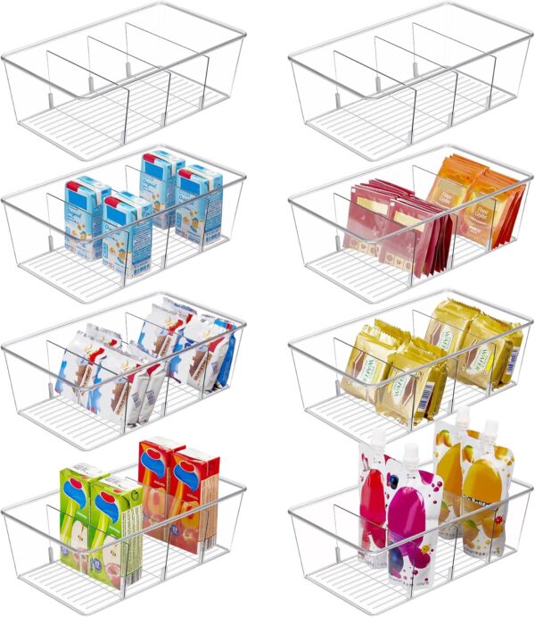 8 Pack Clear Food Storage Bins – 4-Compartment Organizers for Pantry, Fridge, Cabinet