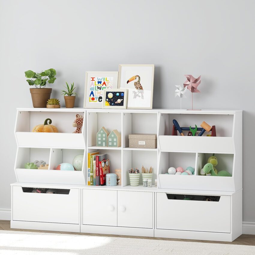 Kids Toy Storage Cabinet with Drawers & Cubbies – White Organizer for Playroom or Nursery