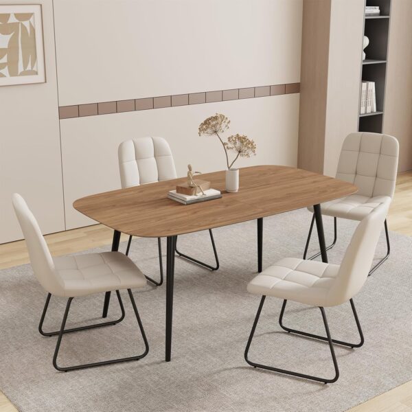 55.1" Modern Dining Table Set for 4 – Walnut Table with 4 White Leather Chairs