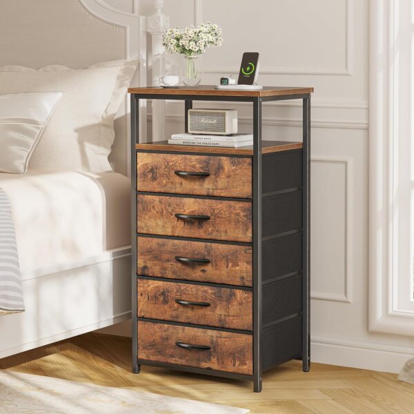 5-Drawer Dresser with Charging Station – Tall Nightstand & Chest of Drawers (Rustic Brown)