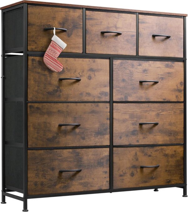 "9-Drawer Fabric Dresser – Tall Storage Tower with Wood Top & Steel Frame, Rustic Brown"