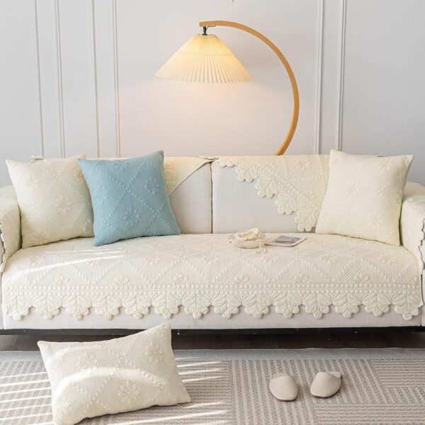Cotton Quilted Couch Cover – Rustic Embroidered, Non-Slip Sofa Protector for Pets & Kids (Ivory, 28"x28")