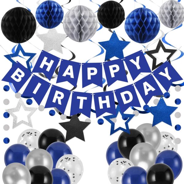 Blue & Silver Birthday Decorations – Banner, Balloons, Honeycomb Balls, Swirls & Garland for All Ages