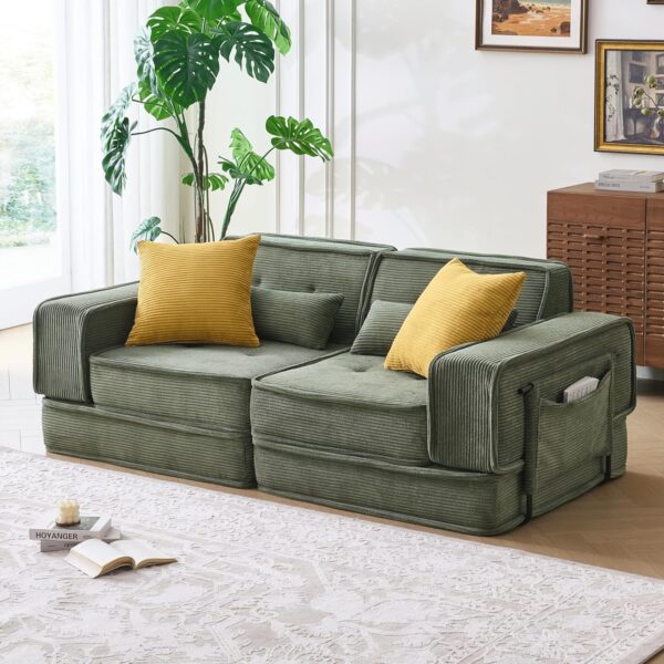 Modular Sofa Bed – No Assembly Sectional Couch with Corduroy Fabric & Lumbar Pillows (Green)