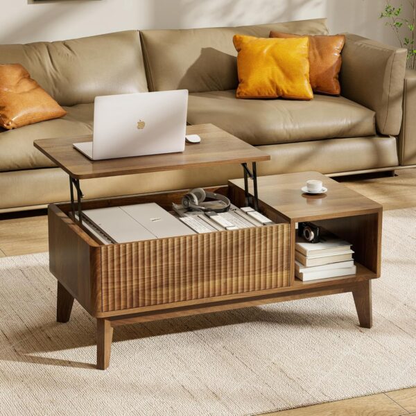 Fluted Lift-Top Coffee Table – Modern Wood Center Table with Hidden Compartment (Walnut)