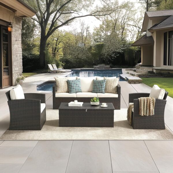 4-Piece Wicker Patio Set – PE Rattan Outdoor Sofa with Storage Table for Porch, Garden & Backyard (Beige)