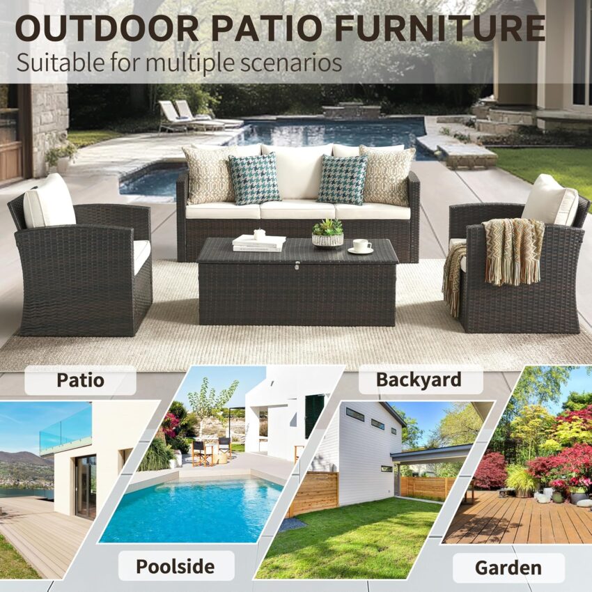 4-Piece Wicker Patio Set – PE Rattan Outdoor Sofa with Storage Table for Porch, Garden & Backyard (Beige)