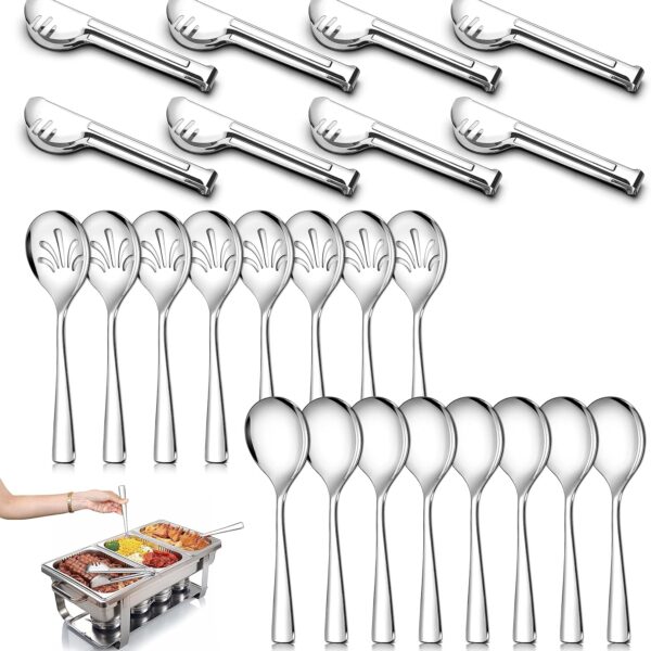 24-Pack Stainless Steel Serving Utensils Set – 8 Serving Spoons, 8 Slotted Spoons, 8 Tongs for Buffet & Catering (Silver)