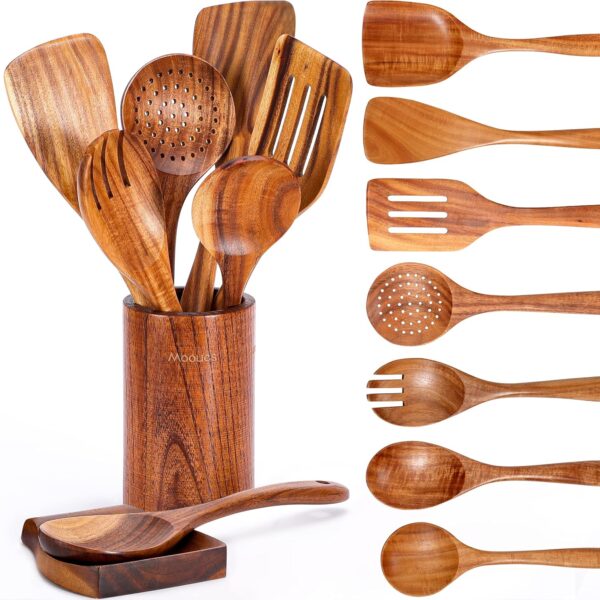 9-Piece Natural Teak Wooden Kitchen Utensil Set with Spoon Rest & Holder – Comfort Grip Cooking Tools