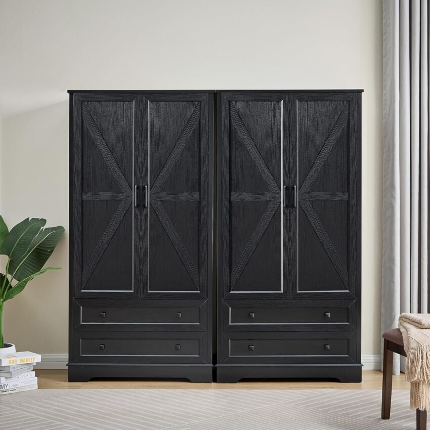 71" Wood Dresser with Drawers & Cabinets – Farmhouse Storage Wardrobe for Bedroom, Living Room, Hallway (Black)