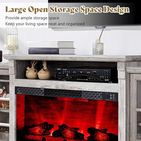 97" Farmhouse Fireplace TV Stand – Media Console with Storage & Adjustable Shelf (Light Grey)
