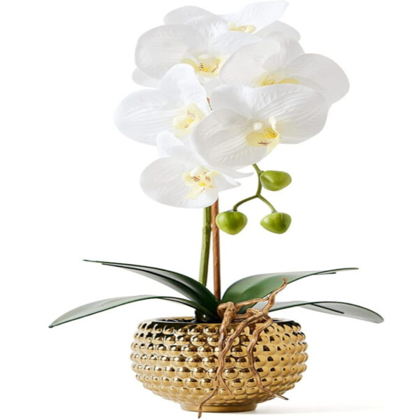 15" Artificial Orchid in Gold Pot for Home Decor (White)