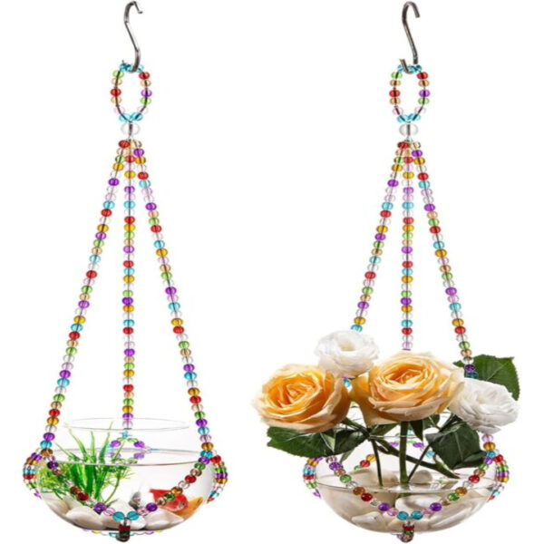 2-Pack Handmade Glass Beaded Hanging Planters for Indoor Plants - 5.1inch, Clear Glass Terrarium