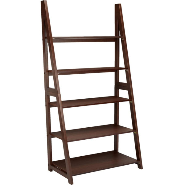 5-Tier Ladder Bookshelf – Solid Rubberwood Frame, Walnut Finish, 70.1" H