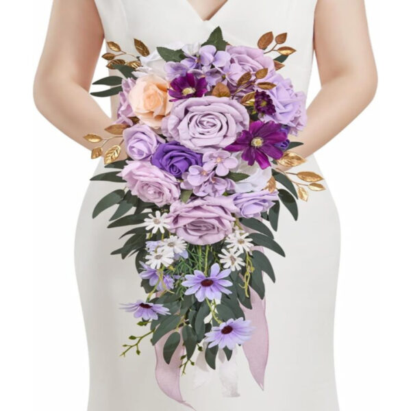 8-Inch Purple Bridal Bouquet - Artificial Flowers for Rustic Wedding & Anniversary