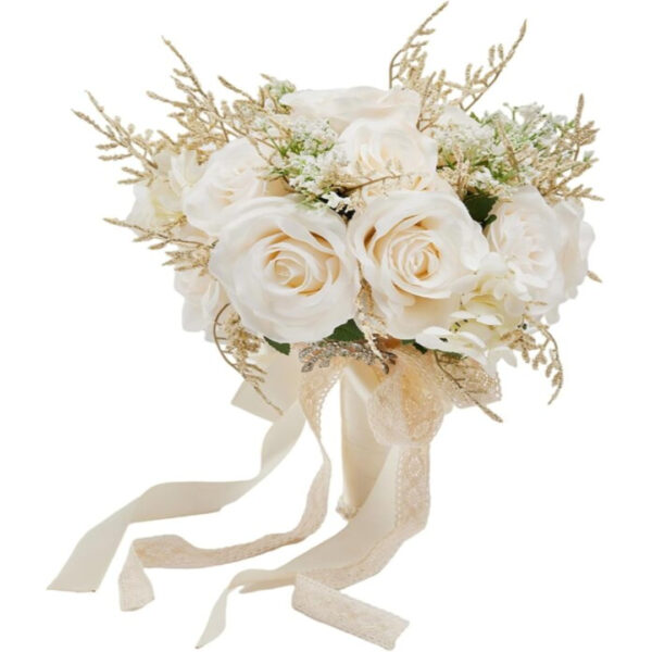 8.66-Inch White & Champagne Bridal Bouquet - Artificial Roses Wedding Decor
