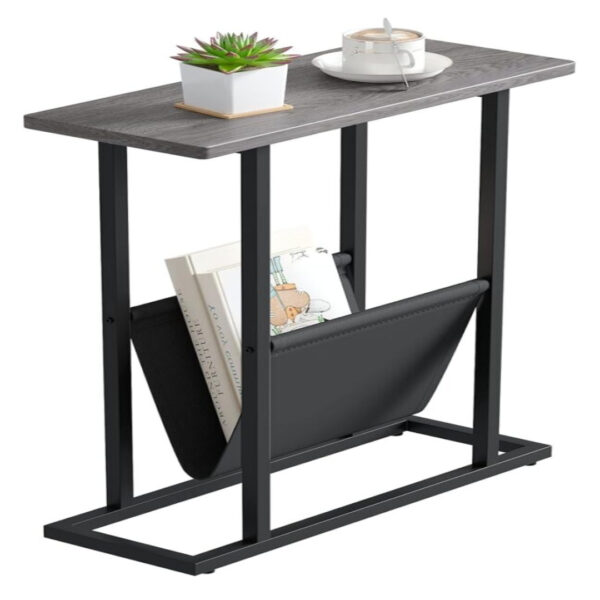"Slim Side Table with Storage, 17.7'' Narrow End Table for Small Spaces – Grey, Iron Frame"
