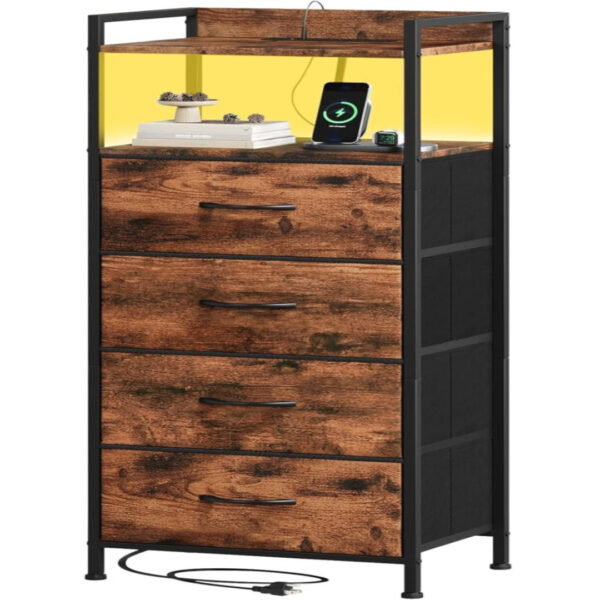 "Tall Nightstand with Charging Station & LED Light – 4-Drawer Dresser with Fabric Bins"