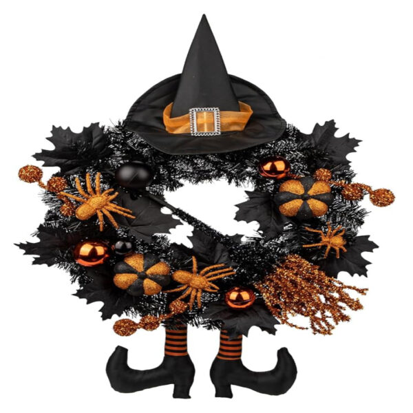 20" Halloween Tinsel Wreath with Witch Hat, Legs & Pumpkin for Front Door & Fall Decor