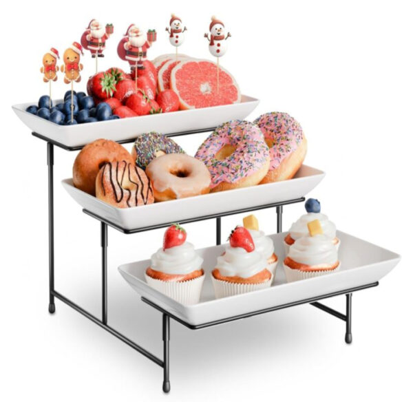 3-Tier Plastic Serving Tray – 11.5" x 5.6" White Platters with Black Metal Stand for Cupcakes, Dessert & Fruit