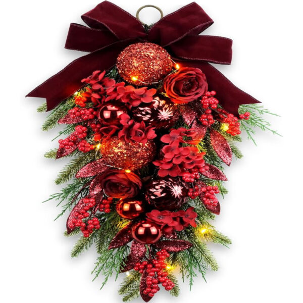 24" Pre-Lit Christmas Teardrop Swag, Battery Operated with Red Bow, Baubles, Pine Cones & Berries