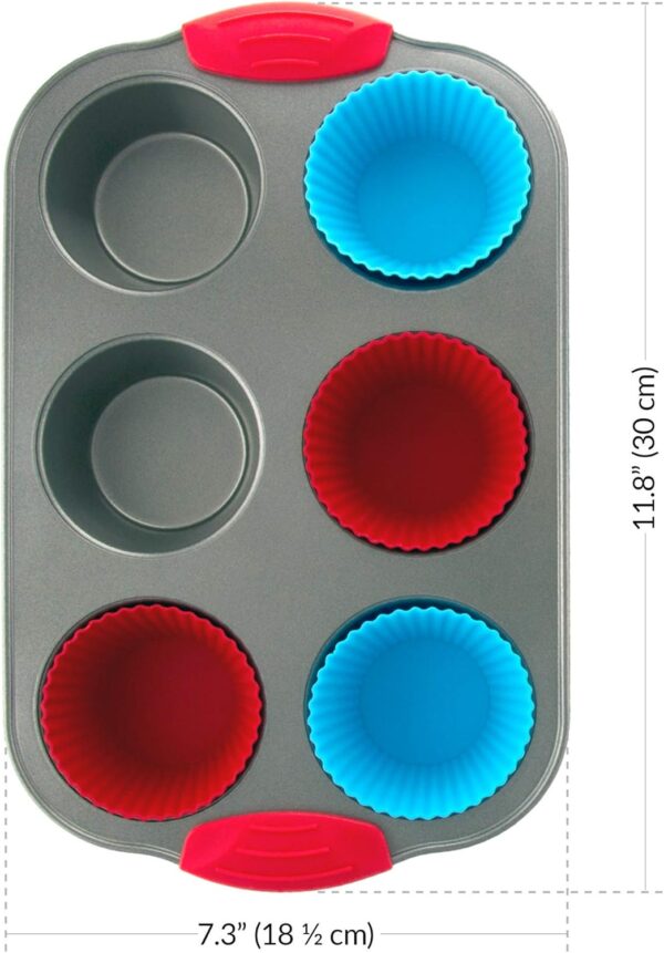 6-Cup Muffin Pan with Silicone Handles & Reusable Liners – Non-Stick for Muffins & Cupcakes