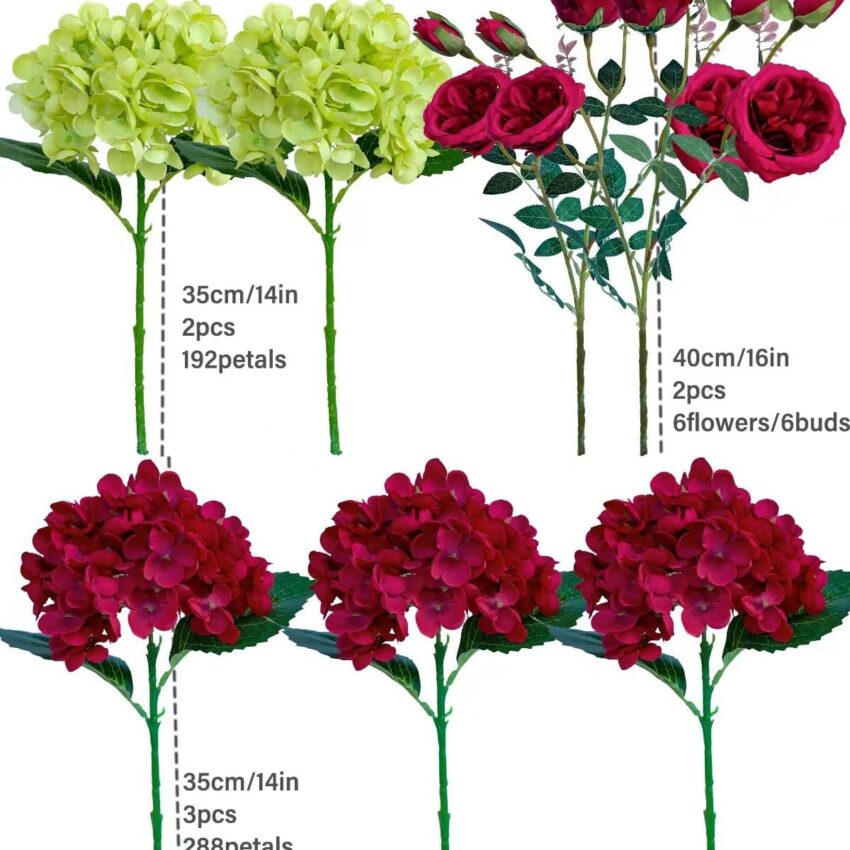 "Premium Artificial Silk Flower Arrangements – Red Hydrangeas & Roses for Home, Wedding & Holiday Decor"