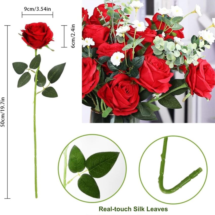 10PCS Realistic Artificial Roses – Silk Long Stem Flowers for Wedding & Party Decor