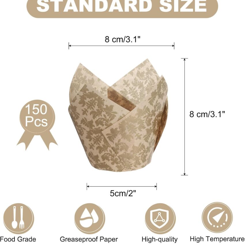 150-Piece Tulip Baking Cups – Greaseproof Cupcake Liners for Weddings & Parties (Flower, Brown)