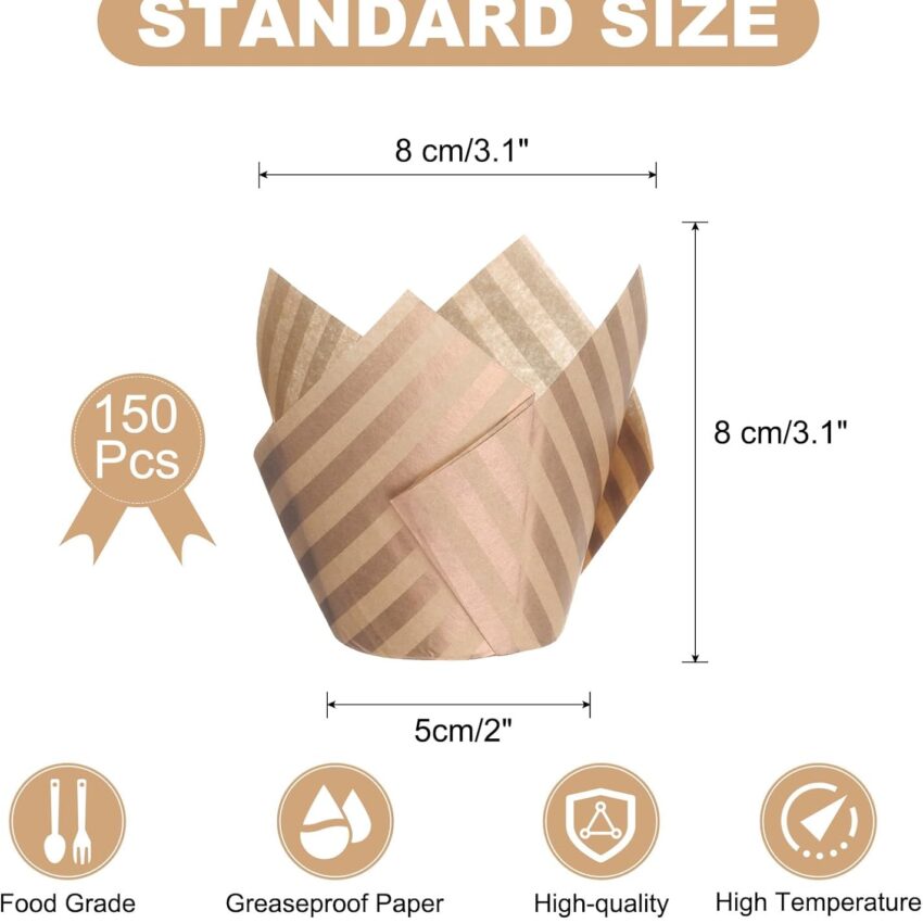 150-Piece Tulip Baking Cups – Greaseproof Cupcake Liners for Weddings & Parties (Brown)