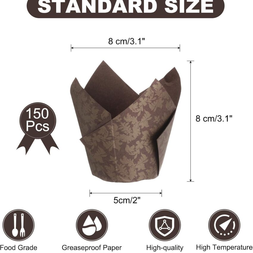 150-Piece Tulip Baking Cups – Greaseproof Cupcake Liners for Weddings & Parties (Flower, Coffee)