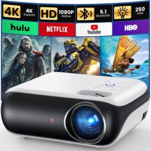 1080P Full HD Portable Bluetooth Projector – Built-in Speaker, Compatible with Smartphone, HDMI, USB, AV, Fire Stick, PS5 for Home & Outdoor Use
