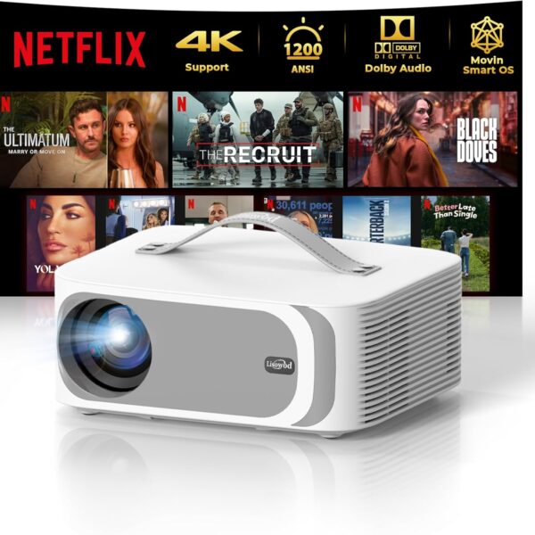 Outdoor Projector with WiFi & Bluetooth – 2.0 System, 1200 ANSI Lumens, Auto Focus, 30W Speaker