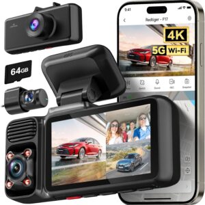 4K Triple Channel Dash Cam with GPS, 5GHz WiFi, 64GB Card, 2160P Front + 1080P Rear & Cabin Cameras, 3-Inch Display
