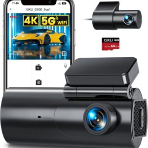 4K + 1080P Dual Dash Cam Front & Rear with 64GB SD Card, 5GHz WiFi, App Control, Night Vision, Parking Mode, G-Sensor, Loop Recording, WDR, 170° Wide View