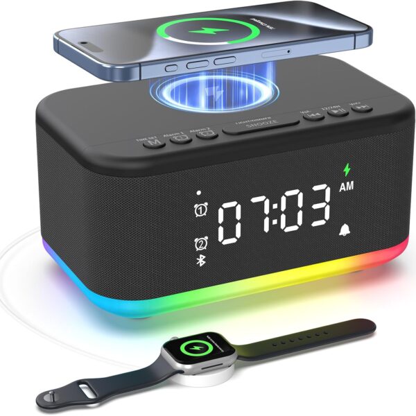Alarm Clock with Wireless Charging, Bluetooth Speaker, and Adjustable Light