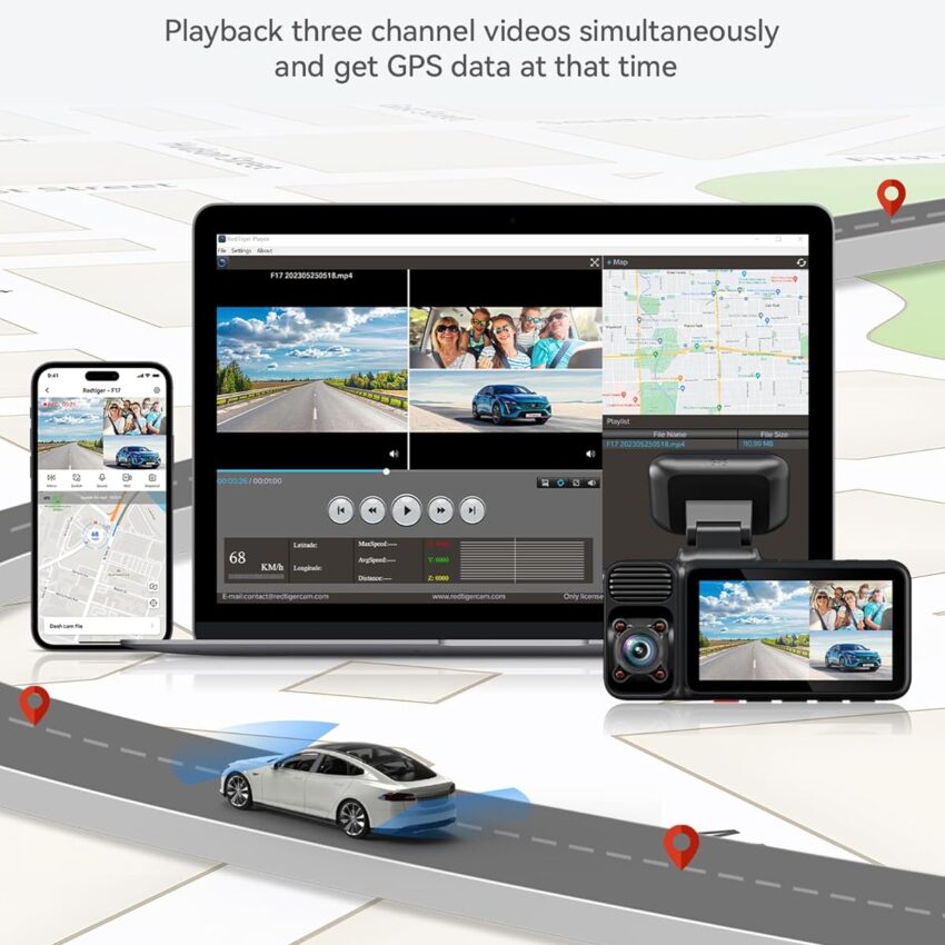 4K Triple Channel Dash Cam with GPS, 5GHz WiFi, 64GB Card, 2160P Front + 1080P Rear & Cabin Cameras, 3-Inch Display